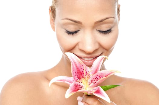 Calm beautiful lady holding lily flower