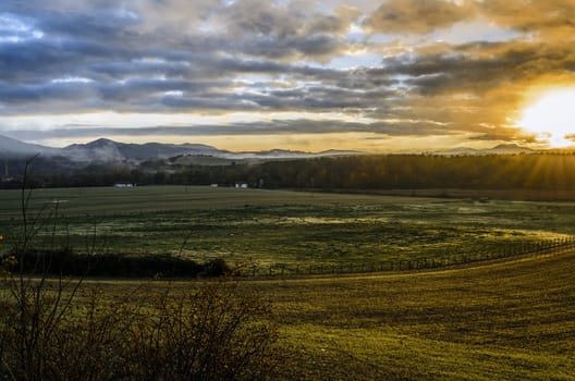 Beautiful shining sun over the Navarra's valley in Spain.