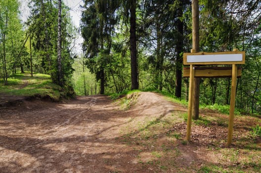 Wooden sign board on the natural trail. In the . forest park