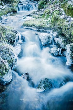 The flow of water in the spring of icicles and ice