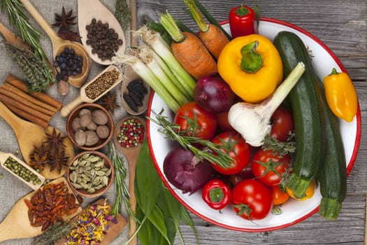 Colourful variety of vegetables and herbs