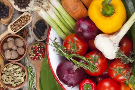 Close-up vegetables in an enamel bowl