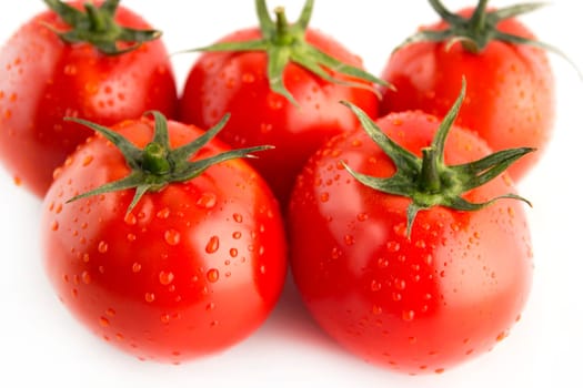 Fresh red tomato with green stem on white background