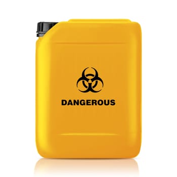Yellow plastic gallon, jerry can with dangerous sign isolated on a white background.  (with clipping work path)