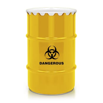 Golden plastic barrel with dangerous sign isolated on a white background.  (with clipping work path)