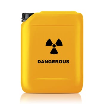 Yellow plastic gallon, jerry can with dangerous sign isolated on a white background.  (with clipping work path)