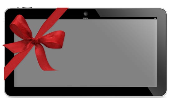 tablet computer with wide screen with red ribbon isolated on white background .  (with clipping work path)