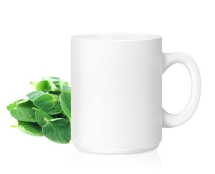 White ceramic mug with Herbs, Herbs Drink,  Isolated on a white. (with clipping work path)
