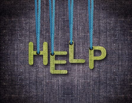 Help Letters hanging strings with blue sackcloth background.