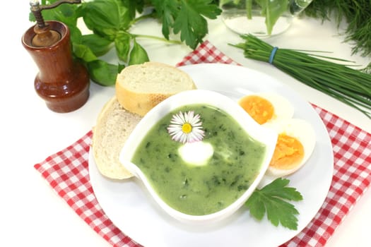 a green herb soup with eggs and creme Fraich