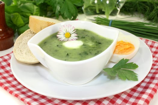 a green herb soup with eggs and creme Fraich
