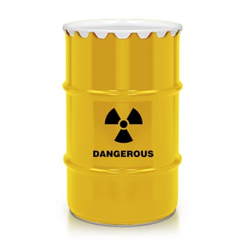 Golden plastic barrel with dangerous sign isolated on a white background.  (with clipping work path)