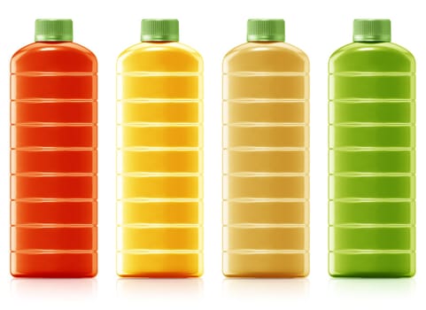 different bottles of juice, juice in a plastic container jug on a white background.  (with clipping work path)