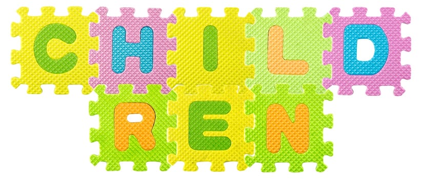 Children word created from Alphabet puzzle isloated on white background , with clipping path.