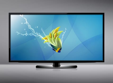 Black LCD tv screen and fish with water splash .  (with clipping work path)