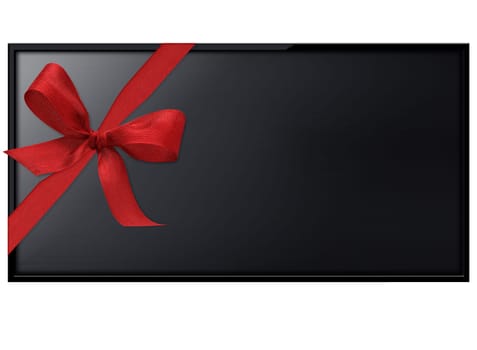 Black LCD tv screen hanging on a wall with red ribbon.  (with clipping work path)