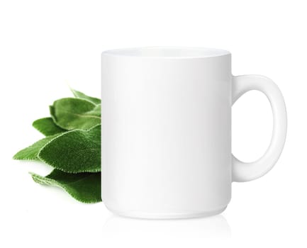 White ceramic mug with Herbs, Herbs Drink,  Isolated on a white. (with clipping work path)