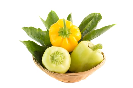 Sweet pepper with green leaves in straw Dish. (Clipping work path included)