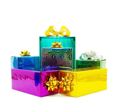 Christmas box gifts with satin bow isolated on white background