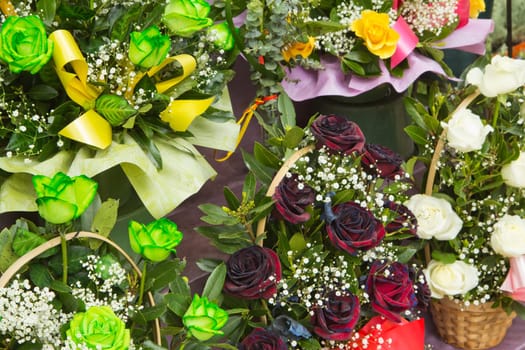 Flower stalls on the street La Ramblas in central Barcelona. Celebration of San Jordi (Saint George) in April.