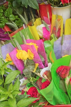 Flower stalls on the street La Ramblas in central Barcelona. Celebration of San Jordi (Saint George) in April.
