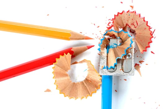 Close-up of pencils and sharpener.