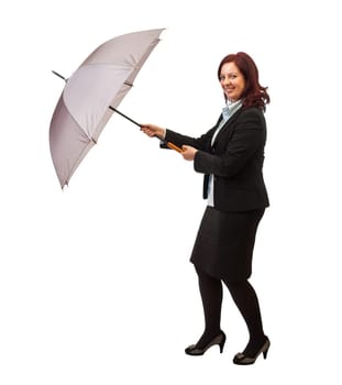 businesswoman with umbrella isolated on white background