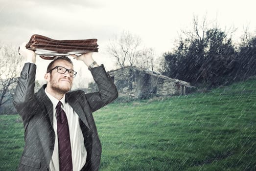 businessman outdoor and heavy rain