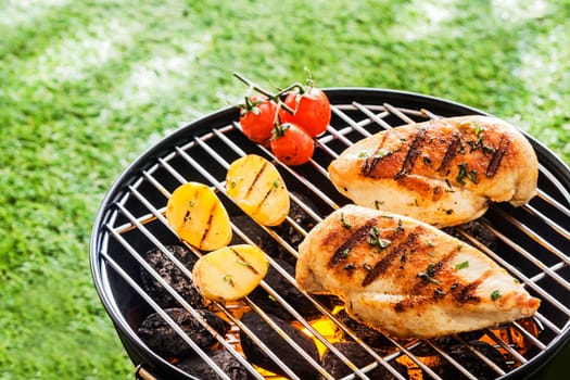 Lean healthy chicken breasts grilling over the hot coals on a portable BBQ with fresh tomatoes and potatoes for a healthy low fat meal