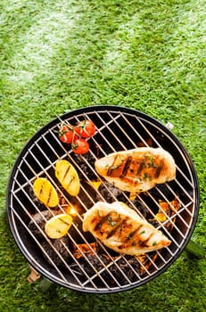 Healthy summer BBQ with chicken breasts and vegetables grilling on the coals in a portable barbecue standing an a green lawn, overhead view with copyspace