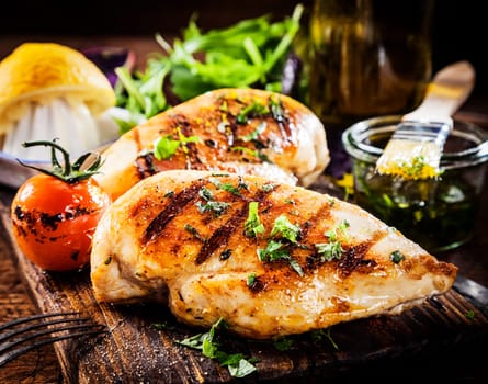 Marinated grilled healthy chicken breasts cooked on a summer BBQ and served with fresh herbs and lemon juice on a wooden board, close up view