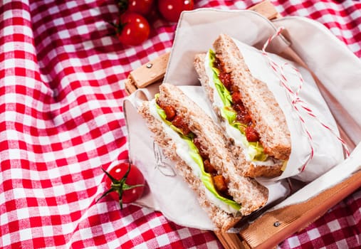 Delicious savory salad sandwiches served on a red and white checked tablecloth for a healthy outdoors summer picnic, with copyspace