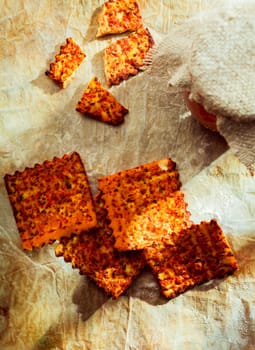 cracker with dip glass. Country style italian summer food with a glass of dip