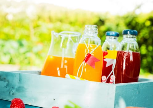 Homemade fresh fruit juice for a summer picnic with bottles and a jug of orange and mixed berry juice served in a sunny green garden on a wooden tray