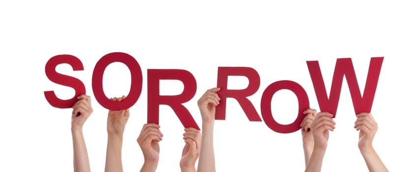 Many Hands Holding the red Word Sorrow, Isolated