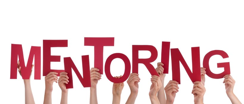 Many Hands Holding the red Word Mentoring, Isolated