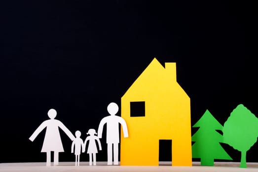 A Family in Front of their House with Trees beside, Paper Family