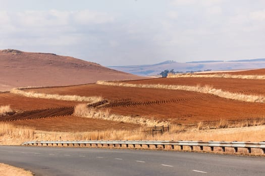 Road color scenic beauty contrast over rural countryside farming landscape