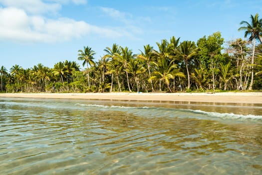 Couple man woman unidentified carrying kayak into tropical waters at  mission beach nearby Cairns Queensland Australia