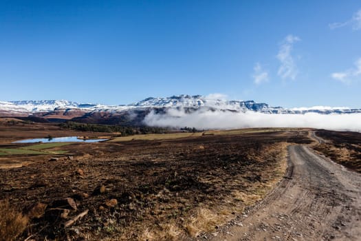 Mountains snow mist rising over rugged terrain with color contrast and cattle over the scenic landscape