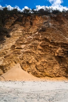 Rainbow beach color sands and rocks alongside ocean sea embankment