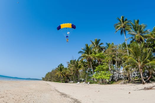 Tandem parachute teams landing on tropical mission beach sands nearby Cairns Queensland Australia