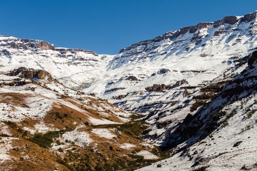 Mountains valley snow over rugged terrain scenic landscape