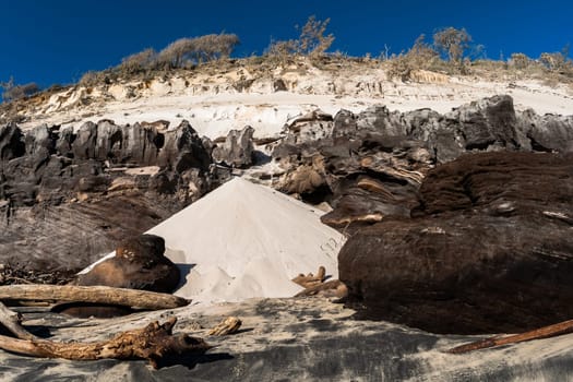 Rainbow beach color sands and rocks alongside ocean sea embankment