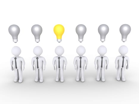 Businessmen standing with lightbulbs over them but only one is lit