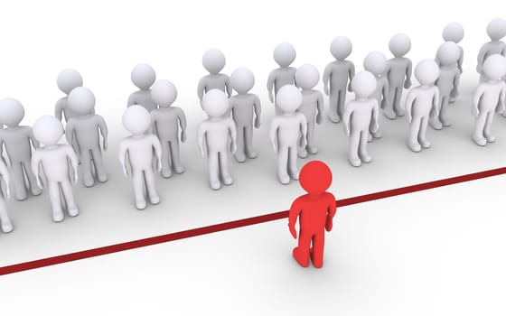 Many people are behind a line but one is facing them