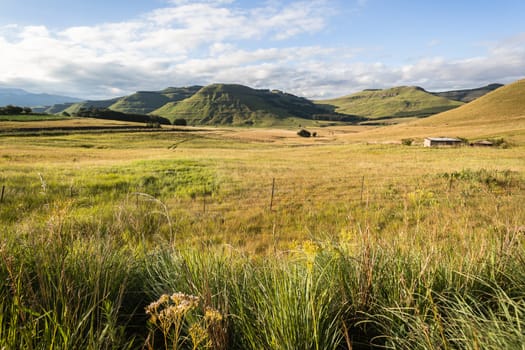 Mountain valley scenic terrain to the horizon on a summer blue day with cloud puffs
