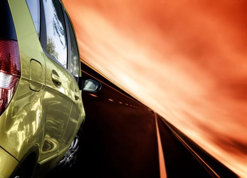 Fast car on the highway. Back view.