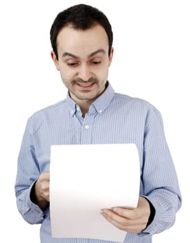 Young man holding a blank piece of paper