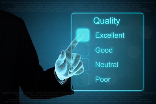 business hand pushing quality feedback on a touch screen interface